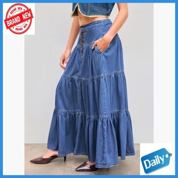 Denim Maxi Skirt High Waist Tiered Button Down Casual